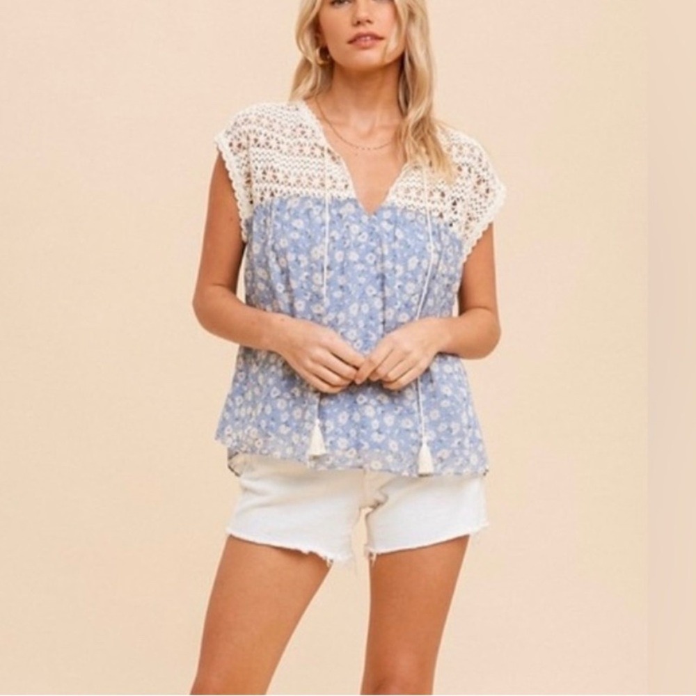 hem & thread Floral‎ Crochet Lace Tassel Blouse Top Bohemian Festival Small